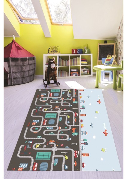 Dijital Baskılı Kaymaz Yıkanabilir Şehir Trafik Temalı Çocuk Odası Oyun Halısı, Çocuk-19-Antrasit, fırsatları