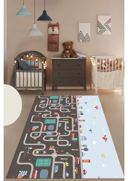 Dijital Baskılı Kaymaz Yıkanabilir Şehir Trafik Temalı Çocuk Odası Oyun Halısı, Çocuk-19-Antrasit, indirimleri