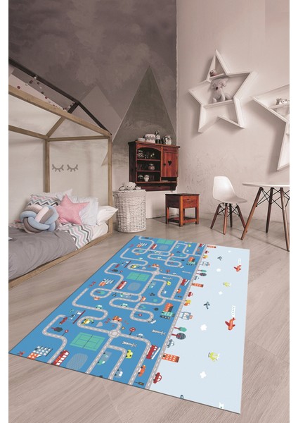 Dijital Baskılı Kaymaz Yıkanabilir Şehir Trafik Temalı Çocuk Odası Oyun Halısı, Çocuk-19-Mavi, fiyatları