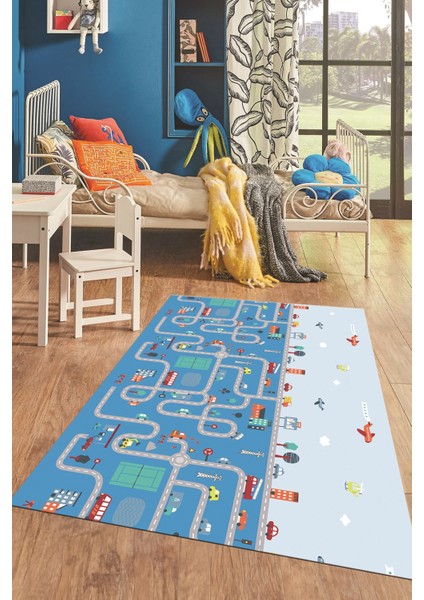 Dijital Baskılı Kaymaz Yıkanabilir Şehir Trafik Temalı Çocuk Odası Oyun Halısı, Çocuk-19-Mavi, modelleri