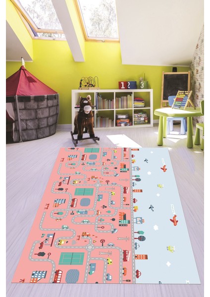 Dijital Baskılı Kaymaz Yıkanabilir Şehir Trafik Temalı Çocuk Odası Oyun Halısı, Çocuk-19-Pembe, fırsatları