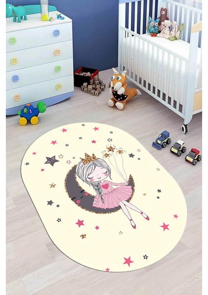 Kaymaz Taban Yıkanabilir Ayda Oturan Prenses Desenli Oval Çocuk Odası Halısı, O-Çocuk-13-Krem,