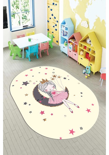 Kaymaz Taban Yıkanabilir Ayda Oturan Prenses Desenli Oval Çocuk Odası Halısı, O-Çocuk-13-Krem, modelleri