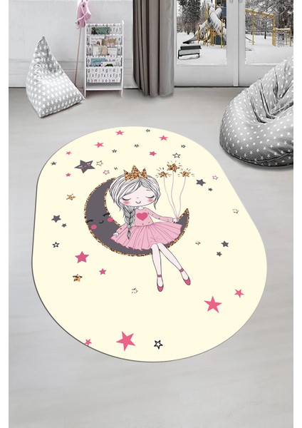 Kaymaz Taban Yıkanabilir Ayda Oturan Prenses Desenli Oval Çocuk Odası Halısı, O-Çocuk-13-Krem, indirimleri