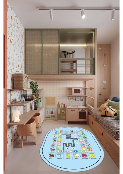 Ingilizce Harf ve Hayvan Temalı Eğitici Oval Çocuk Odası Oyun Halısı, O-Çocuk-44-Mavi,