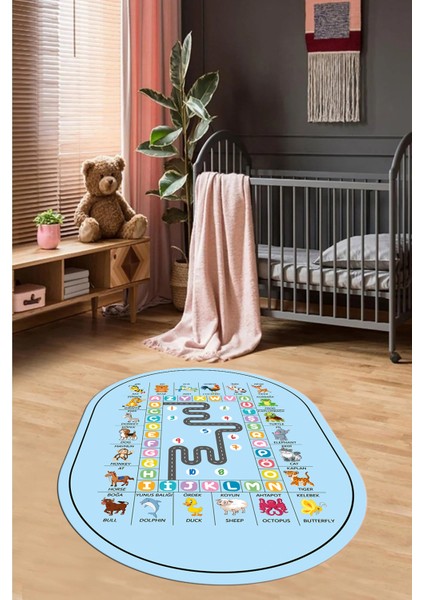 Ingilizce Harf ve Hayvan Temalı Eğitici Oval Çocuk Odası Oyun Halısı, O-Çocuk-44-Mavi, fiyatları