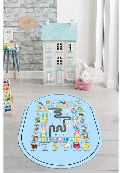Ingilizce Harf ve Hayvan Temalı Eğitici Oval Çocuk Odası Oyun Halısı, O-Çocuk-44-Mavi, fırsatları