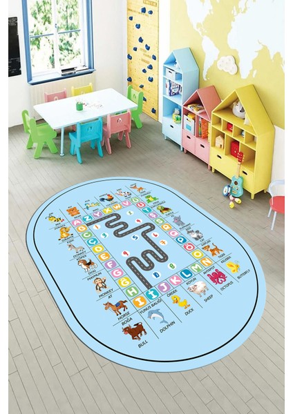 Ingilizce Harf ve Hayvan Temalı Eğitici Oval Çocuk Odası Oyun Halısı, O-Çocuk-44-Mavi, indirimleri