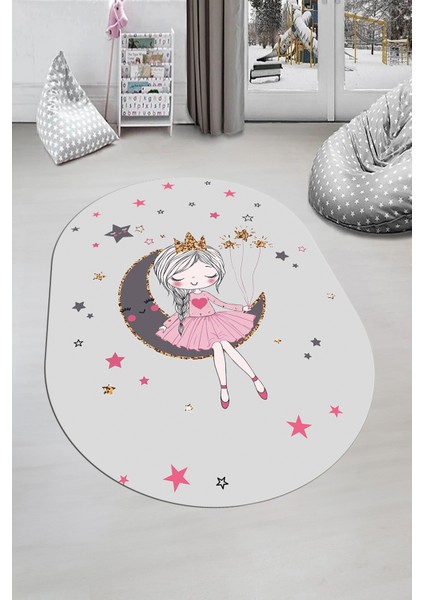 Kaymaz Taban Yıkanabilir Ayda Oturan Prenses Desenli Oval Çocuk Odası Halısı, O-Çocuk-13-Gri, indirimleri