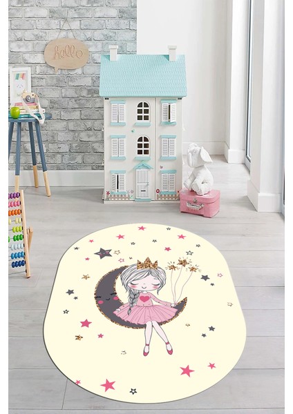 Kaymaz Taban Yıkanabilir Ayda Oturan Prenses Desenli Oval Çocuk Odası Halısı, O-Çocuk-13-Krem, fiyatları