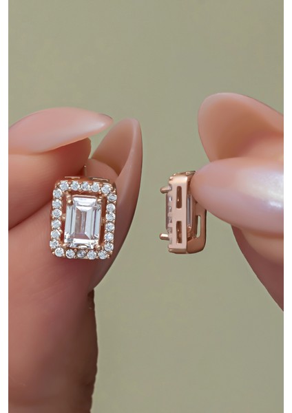 925 Ayar Gümüş Rose Kaplama Baget Taşlı Tektaş Küpe