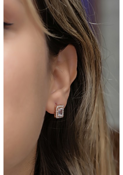 925 Ayar Gümüş Rose Kaplama Baget Taşlı Tektaş Küpe modelleri