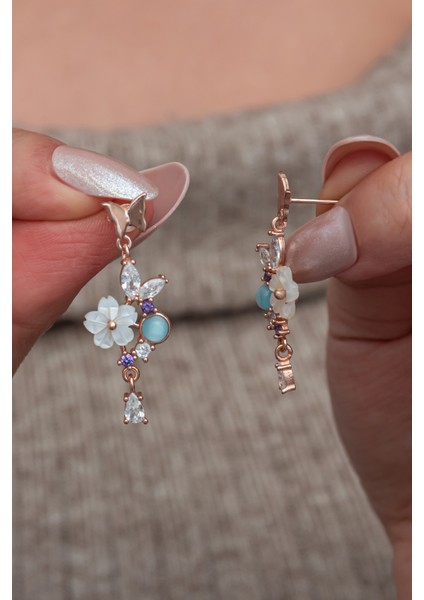 925 Ayar Gümüş Kelebekli Mavi Taşlı Manolya Çiçeği Küpe