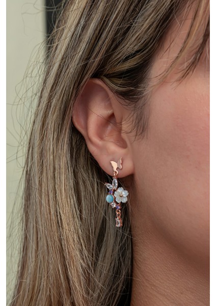 925 Ayar Gümüş Kelebekli Mavi Taşlı Manolya Çiçeği Küpe fiyatları