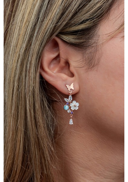 925 Ayar Gümüş Kelebekli Mavi Taşlı Manolya Çiçeği Küpe modelleri