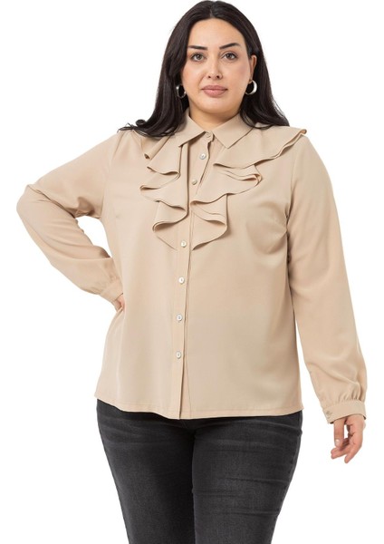 Büyük Beden Yakası Çift Volanlı Bej Rengi Gömlek