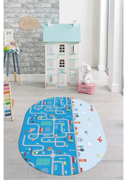 Dijital Kaymaz Yıkanabilir Şehir Trafik Temalı Oval Çocuk Odası Oyun Halısı, O-Çocuk-19-Mavi,