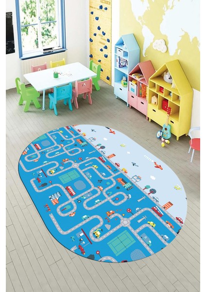 Dijital Kaymaz Yıkanabilir Şehir Trafik Temalı Oval Çocuk Odası Oyun Halısı, O-Çocuk-19-Mavi, fiyatları