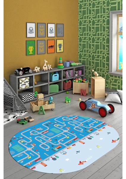 Dijital Kaymaz Yıkanabilir Şehir Trafik Temalı Oval Çocuk Odası Oyun Halısı, O-Çocuk-19-Mavi, modelleri