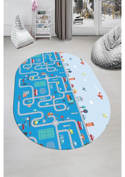 Dijital Kaymaz Yıkanabilir Şehir Trafik Temalı Oval Çocuk Odası Oyun Halısı, O-Çocuk-19-Mavi, fırsatları