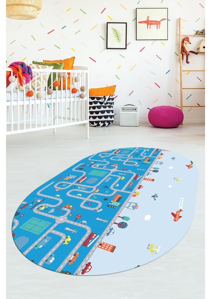 Dijital Kaymaz Yıkanabilir Şehir Trafik Temalı Oval Çocuk Odası Oyun Halısı, O-Çocuk-19-Mavi, indirimleri
