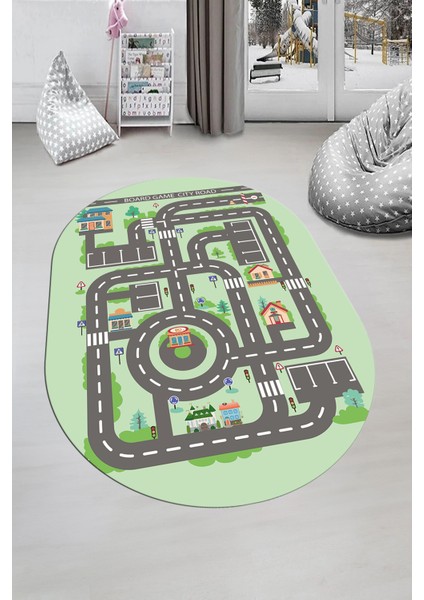 Kaymaz Taban Yıkanabilir Trafik Yol Desen Eğlendirici Oval Çocuk Odası Halısı, O-Çocuk-17-Yeşil,