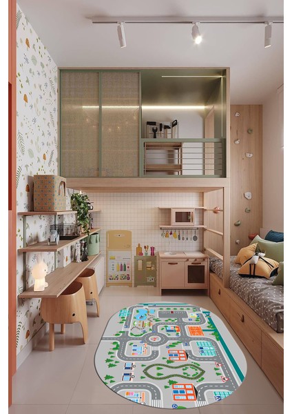 Trafik Yollu Arabalı Yıkanabilir Eğlendirici Oval Çocuk Odası Oyun Halısı, O-Çocuk-47-Gri,