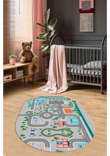 Trafik Yollu Arabalı Yıkanabilir Eğlendirici Oval Çocuk Odası Oyun Halısı, O-Çocuk-47-Gri, fiyatları