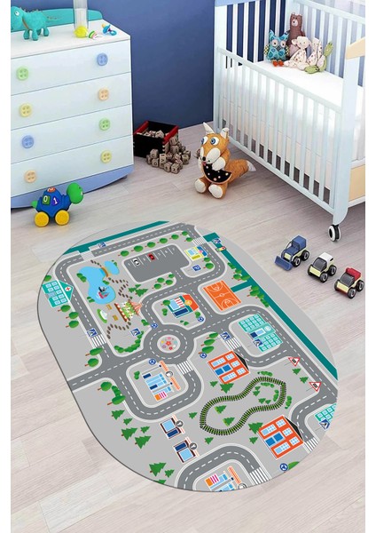 Trafik Yollu Arabalı Yıkanabilir Eğlendirici Oval Çocuk Odası Oyun Halısı, O-Çocuk-47-Gri, modelleri