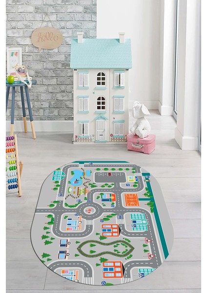 Trafik Yollu Arabalı Yıkanabilir Eğlendirici Oval Çocuk Odası Oyun Halısı, O-Çocuk-47-Gri, fırsatları