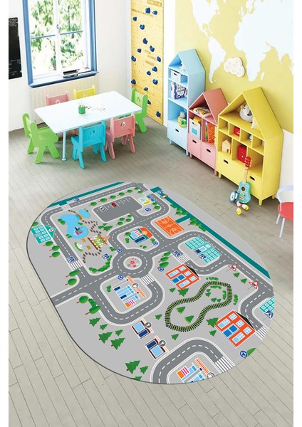 Trafik Yollu Arabalı Yıkanabilir Eğlendirici Oval Çocuk Odası Oyun Halısı, O-Çocuk-47-Gri, indirimleri