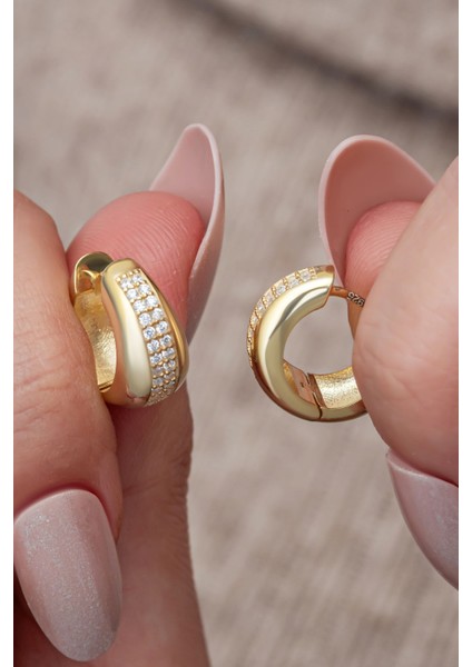 925 Ayar Gümüş Gold Kaplama Zirkon Taşlı Tombul Halka Küpe