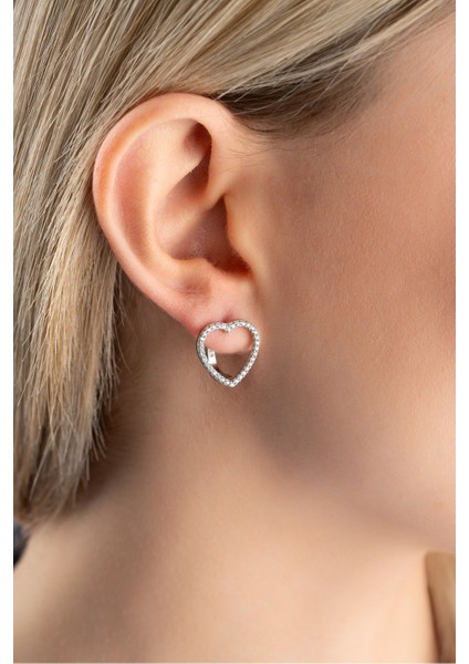 925 Ayar Gümüş Rodyum Kaplama Zirkon Taşlı Içi Boş Kalp Küpe modelleri