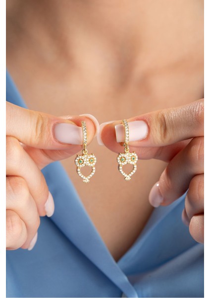 925 Ayar Gümüş Gold Kaplama 10 mm Halka Sallantılı Baykuş Küpe