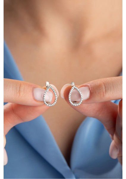 925 Ayar Gümüş Rodyum Kaplama Zirkon Taşlı Içi Boş Damla Model Küpe