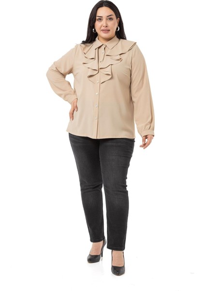 Büyük Beden Yakası Çift Volanlı Bej Rengi Gömlek fiyatları