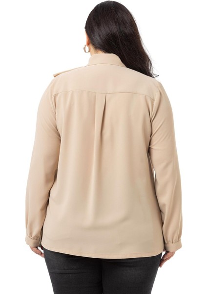 Büyük Beden Yakası Çift Volanlı Bej Rengi Gömlek modelleri