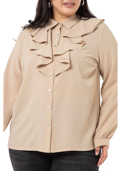 Büyük Beden Yakası Çift Volanlı Bej Rengi Gömlek fırsatları