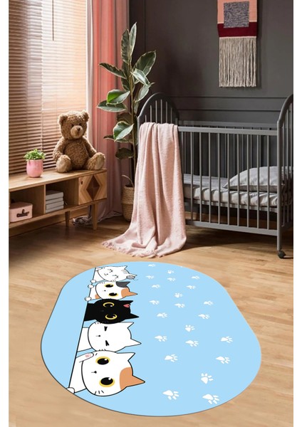 Sevimli Kediler Baskılı Yıkanabilir Kaymaz Oval Çocuk Odası Halısı, O-Çocuk-49-Mavi, fiyatları