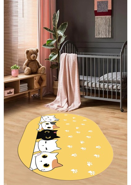 Sevimli Kediler Baskılı Yıkanabilir Kaymaz Oval Çocuk Odası Halısı, O-Çocuk-49-Sarı, fiyatları