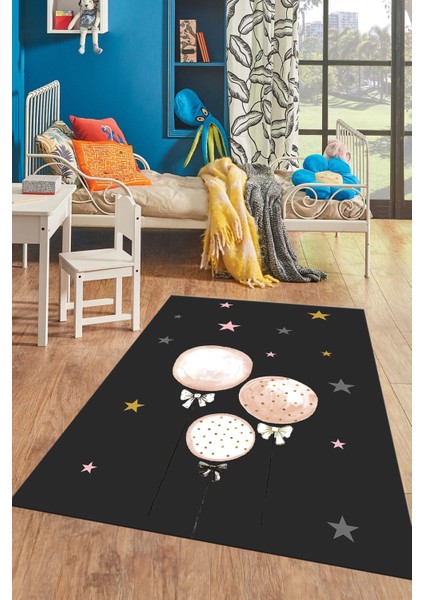 Dijital Baskılı Kaymaz Yıkanabilir Balon Yıldız Desenli Çocuk Odası Halısı, Çocuk-24-Antrasit, fiyatları