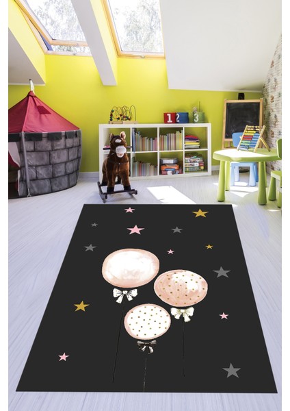 Dijital Baskılı Kaymaz Yıkanabilir Balon Yıldız Desenli Çocuk Odası Halısı, Çocuk-24-Antrasit, modelleri