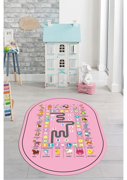 Ingilizce Harf ve Hayvan Temalı Eğitici Oval Çocuk Odası Oyun Halısı, O-Çocuk-44-Pembe, fırsatları