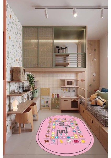 Ingilizce Harf ve Hayvan Temalı Eğitici Oval Çocuk Odası Oyun Halısı, O-Çocuk-44-Pembe,