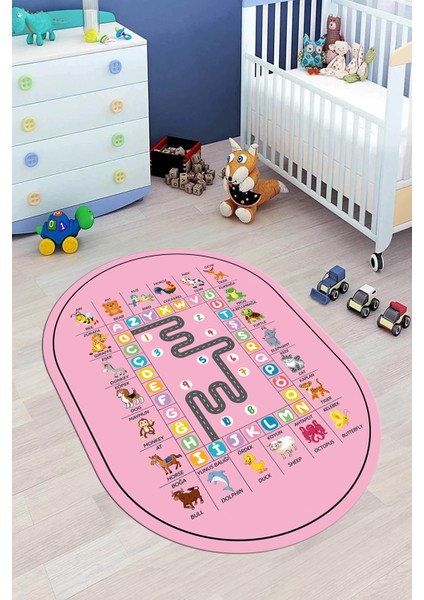 Ingilizce Harf ve Hayvan Temalı Eğitici Oval Çocuk Odası Oyun Halısı, O-Çocuk-44-Pembe, modelleri