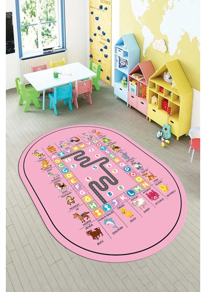 Ingilizce Harf ve Hayvan Temalı Eğitici Oval Çocuk Odası Oyun Halısı, O-Çocuk-44-Pembe, indirimleri