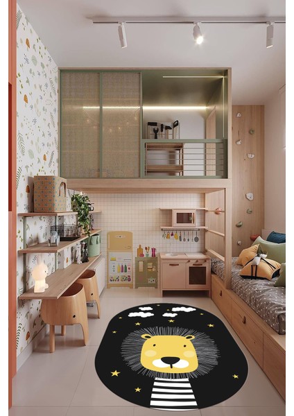 Dijital Baskılı Kaymaz Yıkanabilir Zürafa Desenli Oval Çocuk Odası Halısı, O-Çocuk-25-Antrasit,