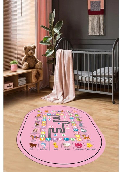 Ingilizce Harf ve Hayvan Temalı Eğitici Oval Çocuk Odası Oyun Halısı, O-Çocuk-44-Pembe, fiyatları