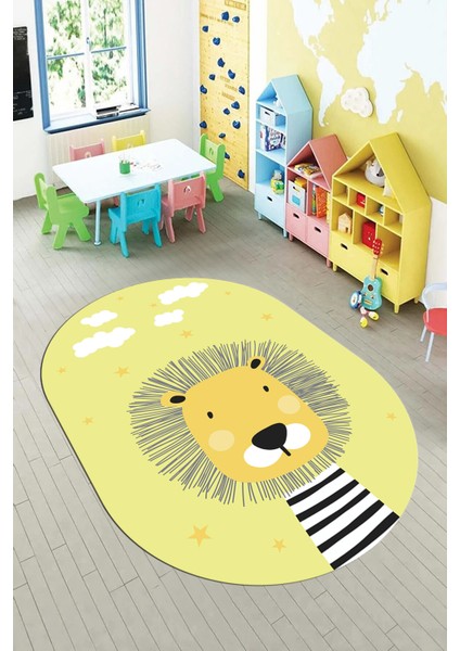 Dijital Baskılı Kaymaz Yıkanabilir Zürafa Desenli Oval Çocuk Odası Halısı, O-Çocuk-25-Sarı,