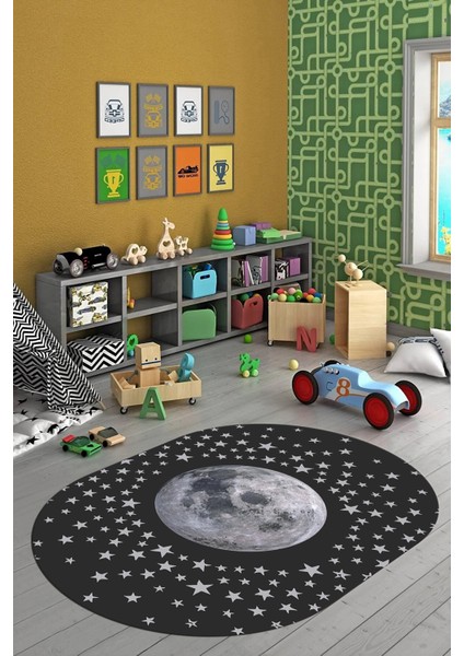 Dijital Kaymaz Taban Yıkanabilir Yıldız Ay Desen Oval Çocuk Odası Halısı, O-Çocuk-27-Antrasit,